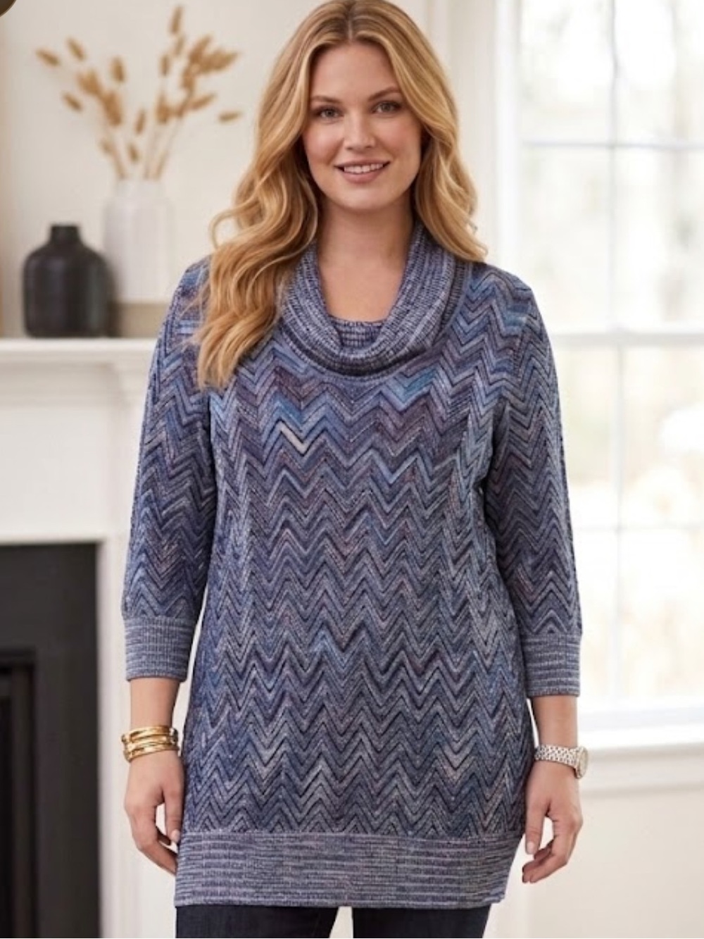 INC International Concepts metallic knit cowl neck tunic
